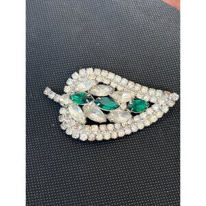 Large Vintage Rhinestone Leaf Brooch With Clear & Emerald Green Stones